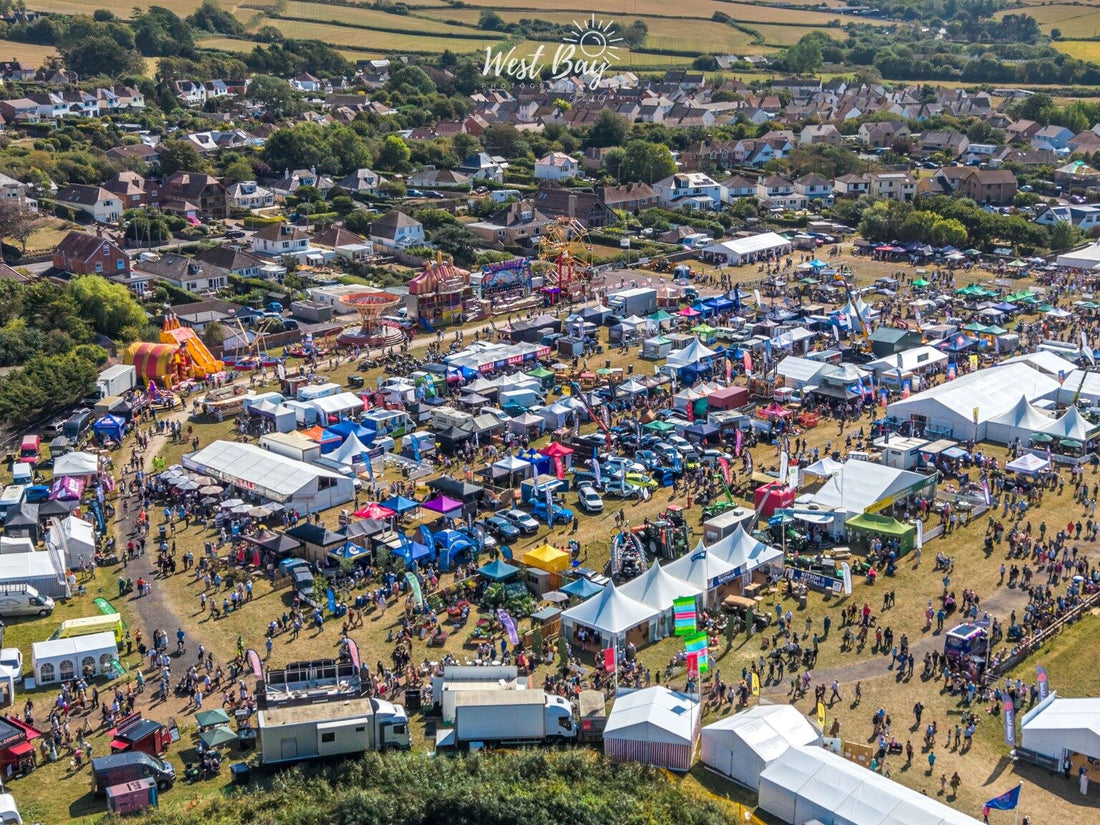 Aerial view of Melplash Show 2026 at West Bay Showground, Bridport, Dorset