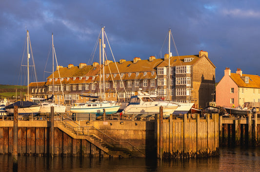 Golden evening light on the harbour boats and buildings at West Bay, Dorset