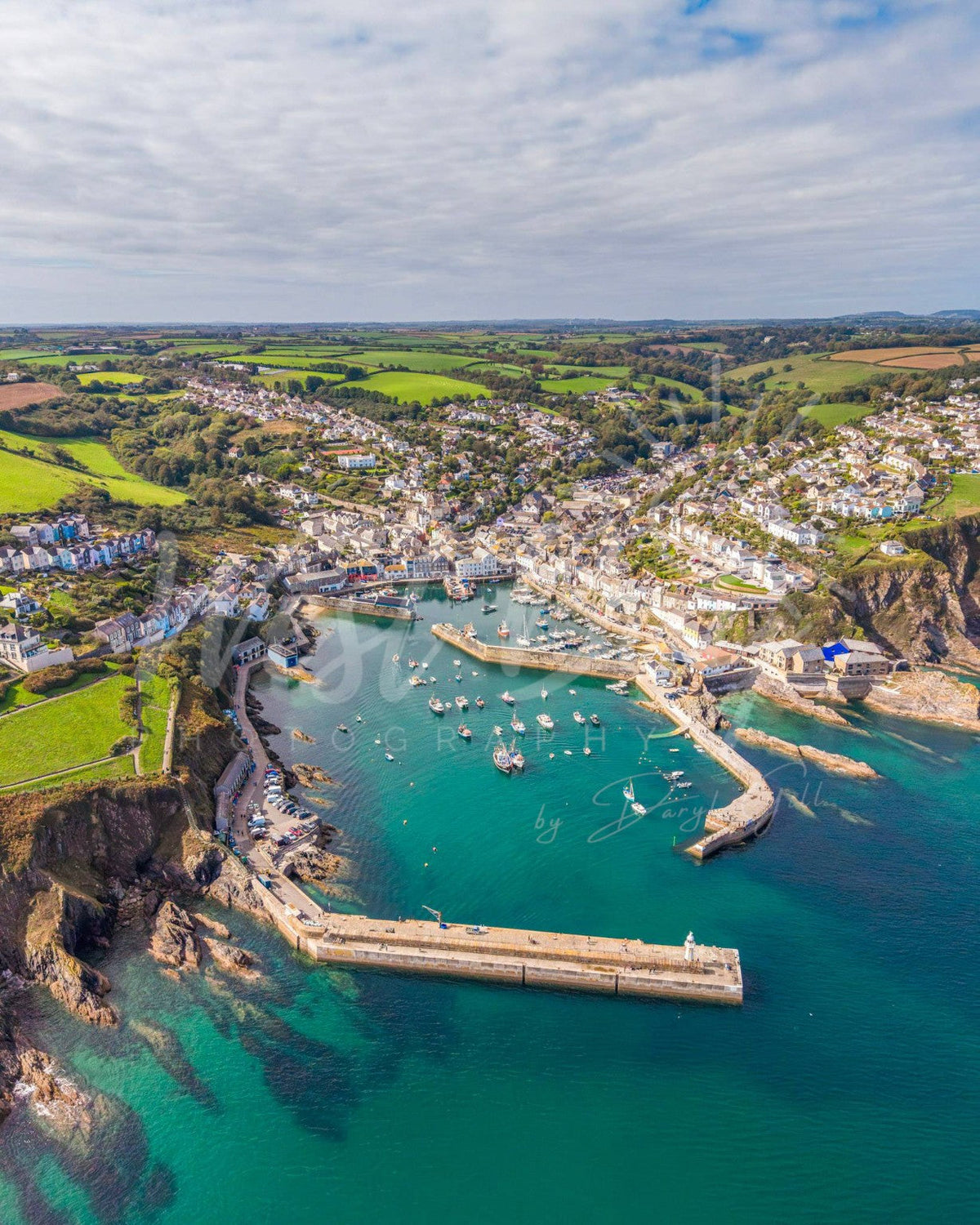 Aerial view over Mevagissey Harbour in Cornwall