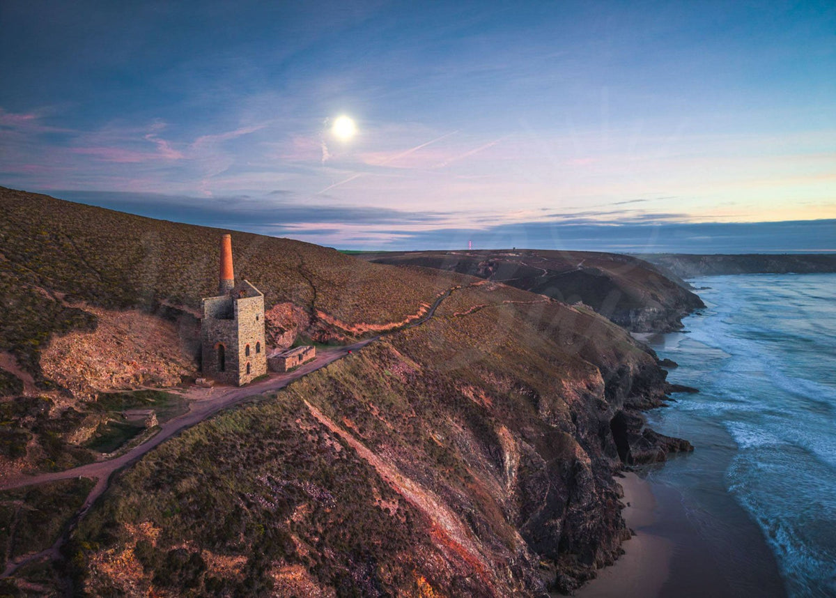Moon above Towanroath engine house at Wheal Coates on the Cornwall coast