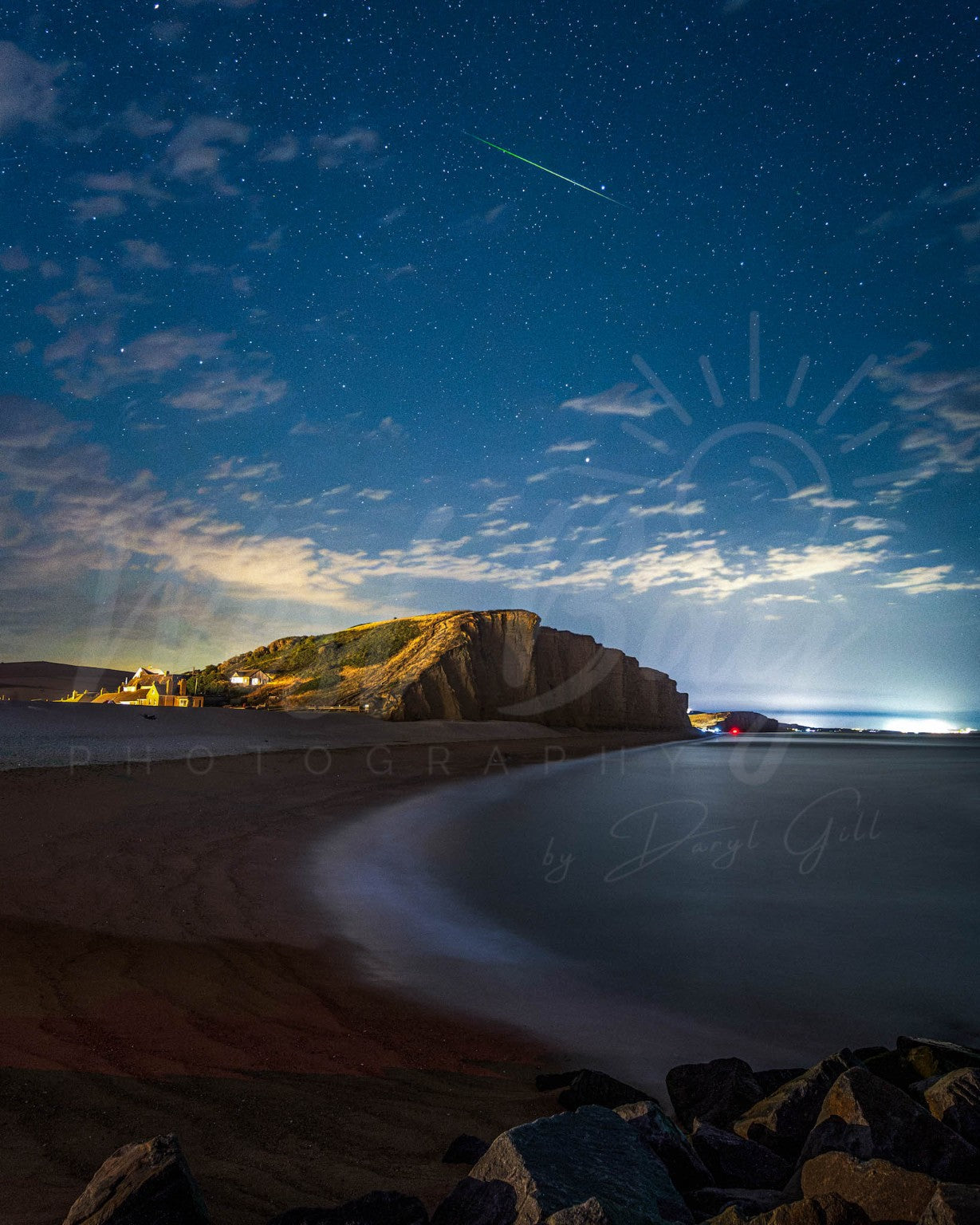 Green Perseid meteor over East Cliff at West Bay, Dorset
