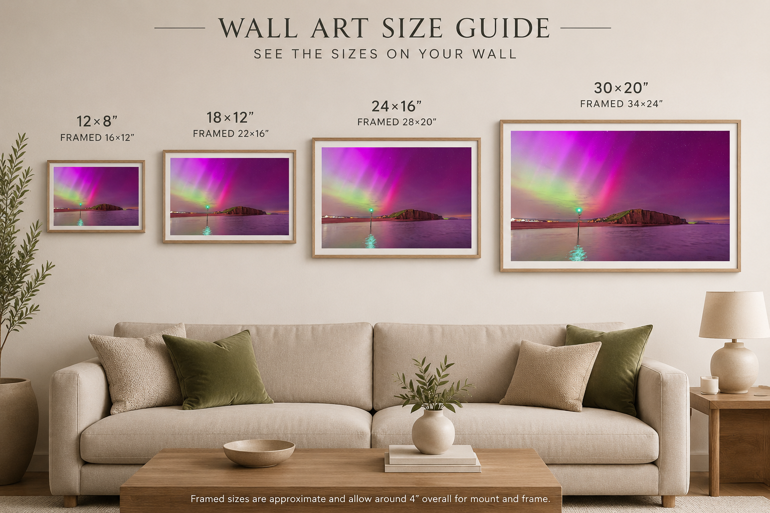 West Bay Photography wall art size guide showing 12x8, 18x12, 24x16 and 30x20 prints in framed room setting