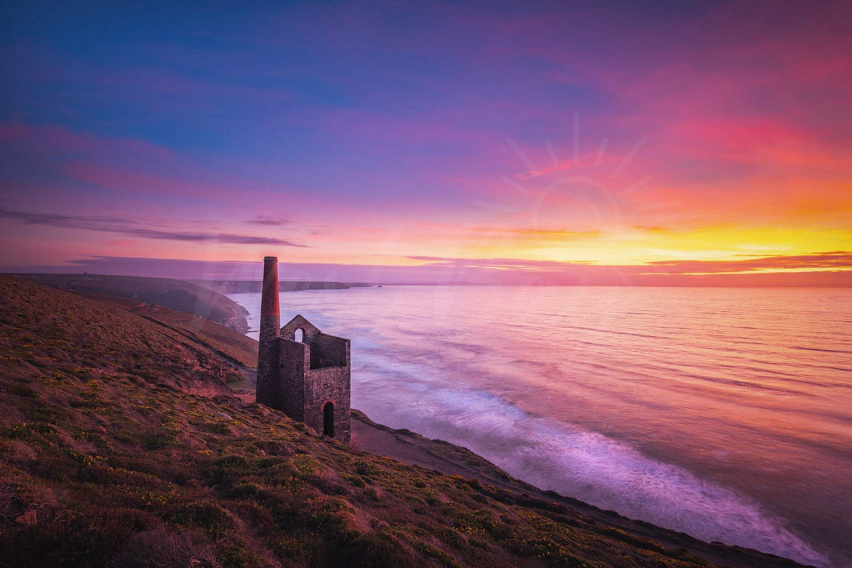 Sunset over Towanroath engine house at Wheal Coates on the Cornwall coast